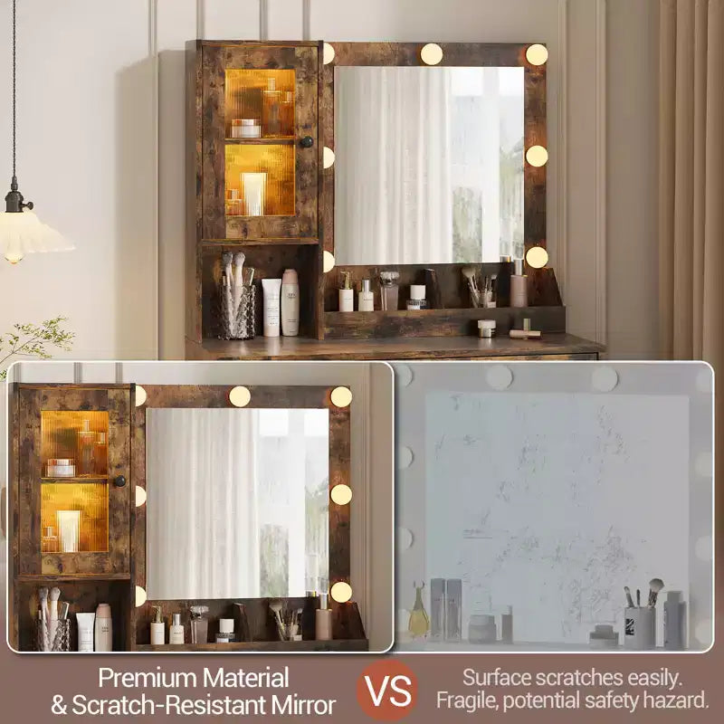Coiffeuse moderne avec miroir, 2 armoires à portes en acrylique, 2 étagères ouvertes, tiroirs, pour chambre à coucher