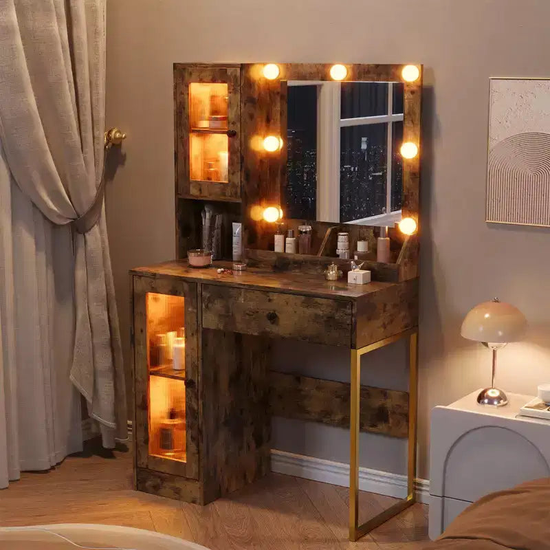 Coiffeuse moderne avec miroir, 2 armoires à portes en acrylique, 2 étagères ouvertes, tiroirs, pour chambre à coucher