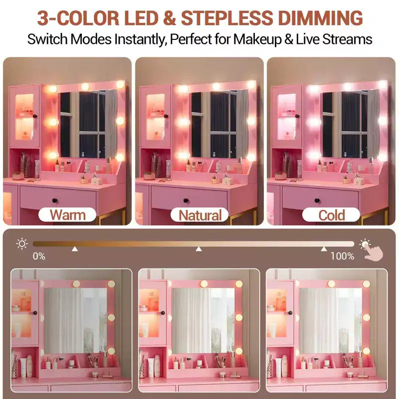 Coiffeuse moderne avec miroir, 2 armoires à portes en acrylique, 2 étagères ouvertes, tiroirs, pour chambre à coucher