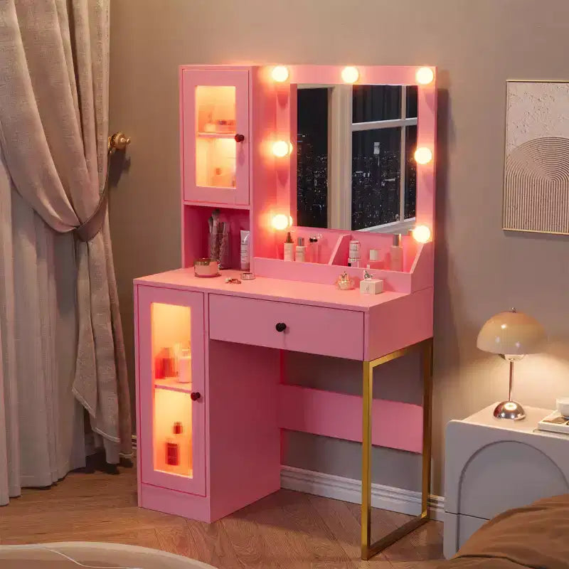 Coiffeuse moderne avec miroir, 2 armoires à portes en acrylique, 2 étagères ouvertes, tiroirs, pour chambre à coucher