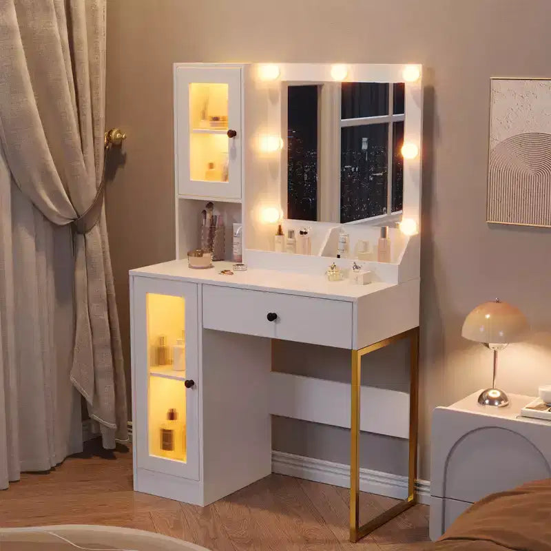 Coiffeuse moderne avec miroir, 2 armoires à portes en acrylique, 2 étagères ouvertes, tiroirs, pour chambre à coucher