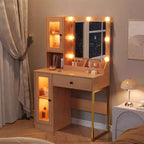 Coiffeuse moderne avec miroir, 2 armoires à portes en acrylique, 2 étagères ouvertes, tiroirs, pour chambre à coucher