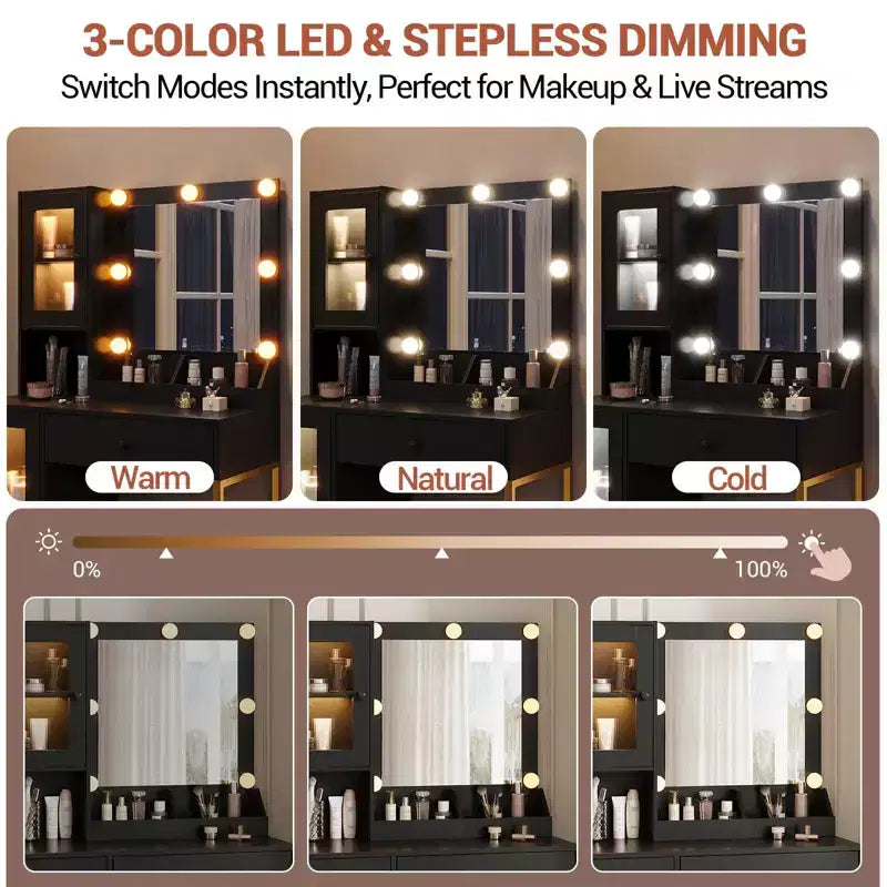 Coiffeuse moderne avec miroir, 2 armoires à portes en acrylique, 2 étagères ouvertes, tiroirs, pour chambre à coucher