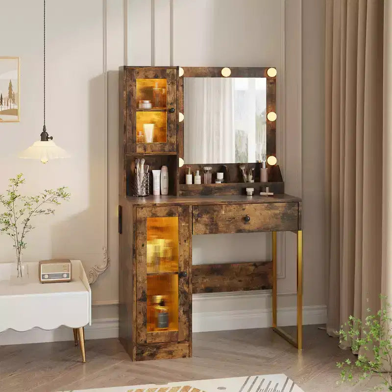 Coiffeuse moderne avec miroir, 2 armoires à portes en acrylique, 2 étagères ouvertes, tiroirs, pour chambre à coucher