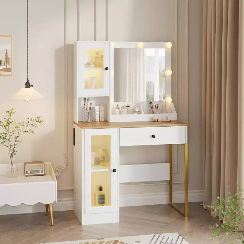 Coiffeuse moderne avec miroir, 2 armoires à portes en acrylique, 2 étagères ouvertes, tiroirs, pour chambre à coucher