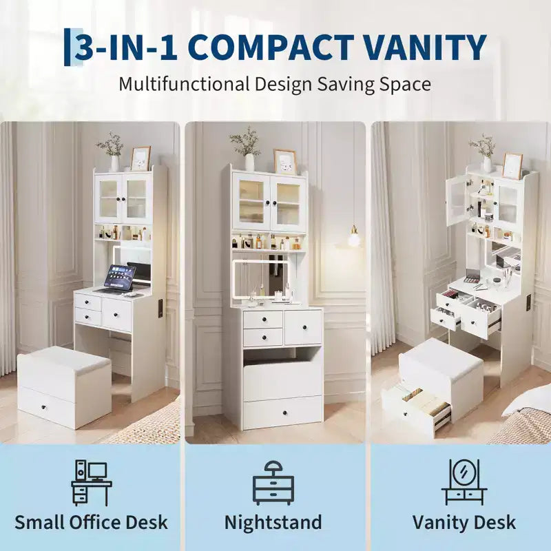 Coiffeuse 3-en-1, Meuble-coiffeuse haut, 4 tiroirs, Compartiment de rangement, Portes en acrylique, pour Chambre à coucher, Maison