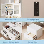 Coiffeuse 3-en-1, Meuble-coiffeuse haut, 4 tiroirs, Compartiment de rangement, Portes en acrylique, pour Chambre à coucher, Maison