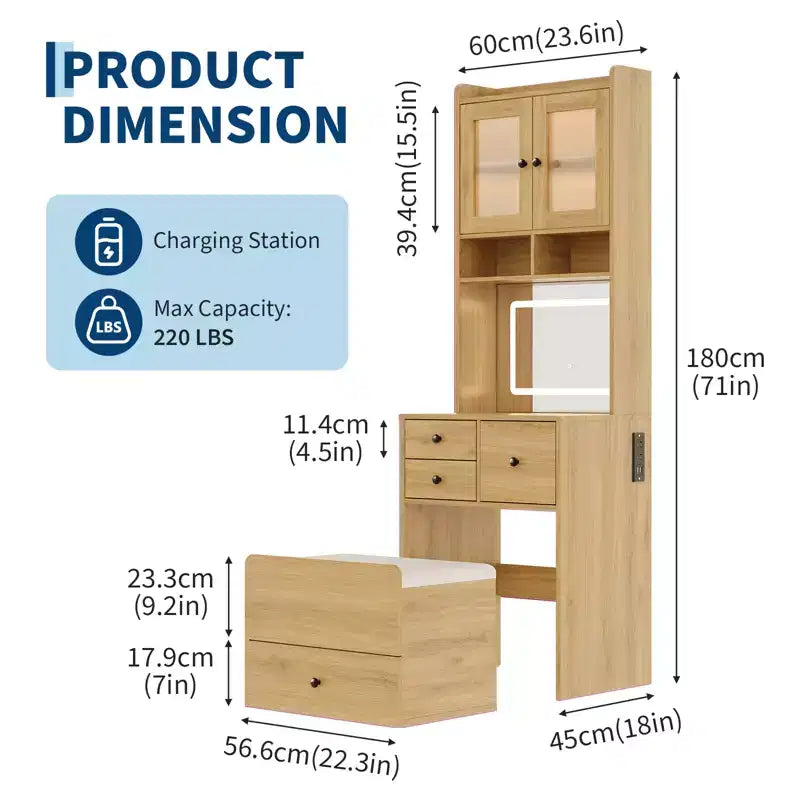 Coiffeuse 3-en-1, Meuble-coiffeuse haut, 4 tiroirs, Compartiment de rangement, Portes en acrylique, pour Chambre à coucher, Maison