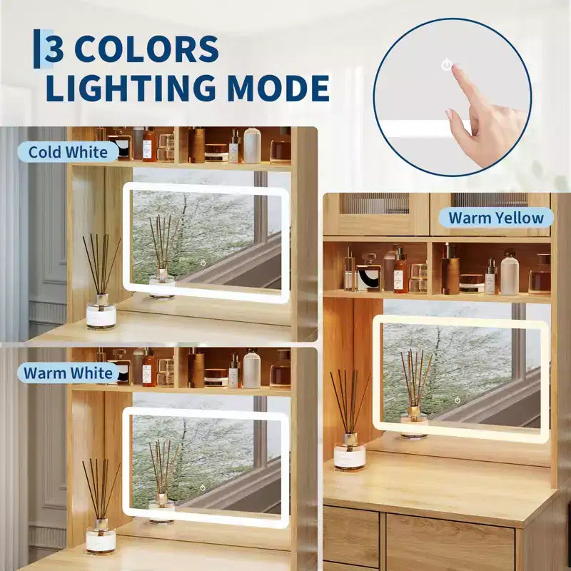 Coiffeuse 3-en-1, Meuble-coiffeuse haut, 4 tiroirs, Compartiment de rangement, Portes en acrylique, pour Chambre à coucher, Maison