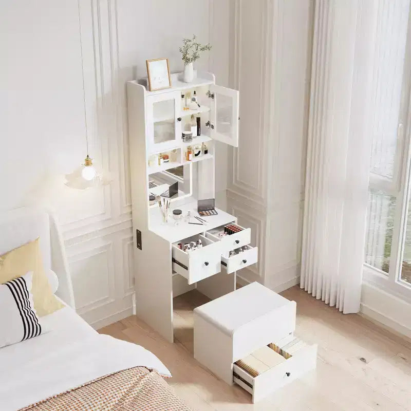 Coiffeuse 3-en-1, Meuble-coiffeuse haut, 4 tiroirs, Compartiment de rangement, Portes en acrylique, pour Chambre à coucher, Maison