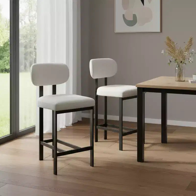 Lot de deux chaises de bar HomeRoots de 26 po en tissu blanc et noir et métal, hauteur comptoir