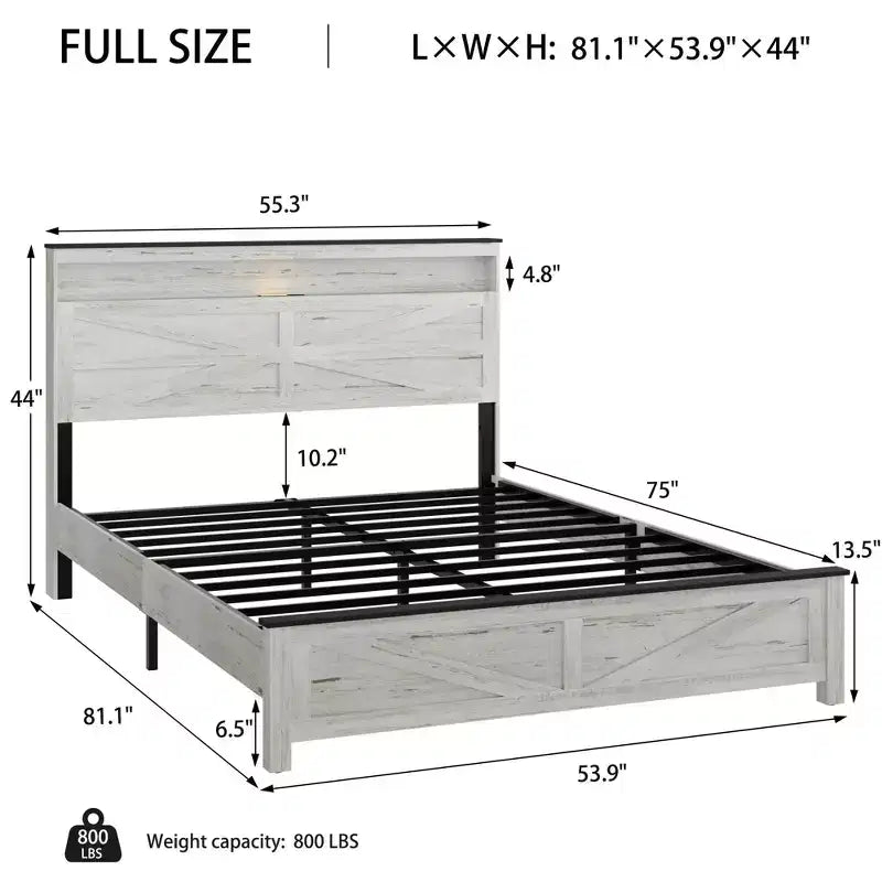 Lit plateforme pleine/grand lit/très grand lit avec LED et station de recharge, cadre de lit plateforme en bois avec rangement caché et tête de lit, blanc antique + gris