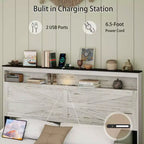 Lit plateforme pleine/grand lit/très grand lit avec LED et station de recharge, cadre de lit plateforme en bois avec rangement caché et tête de lit, blanc antique + gris