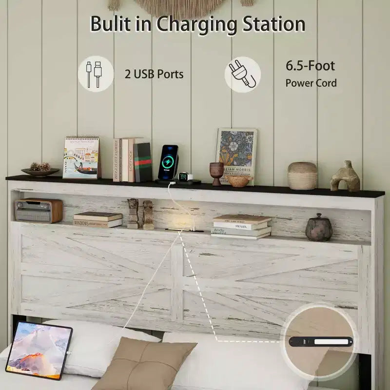 Lit plateforme pleine/grand lit/très grand lit avec LED et station de recharge, cadre de lit plateforme en bois avec rangement caché et tête de lit, blanc antique + gris