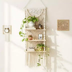Bekrvio 3-Tier Macrame Wall Hanging Shelf - Boho Style Floating Shelf with Wooden Beads - Wall Organizer for Living Room & Bedroom Decor