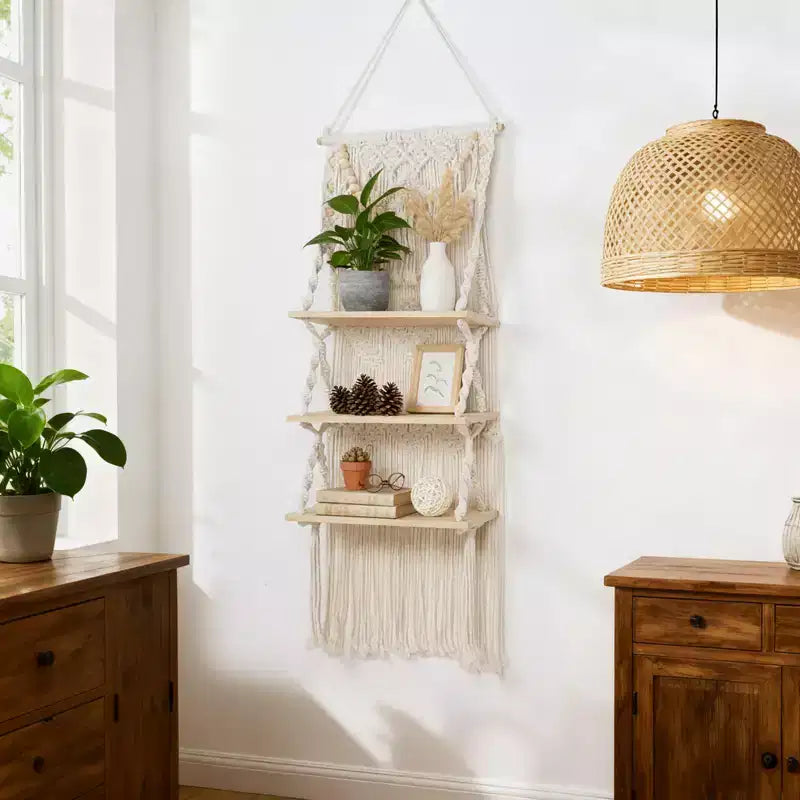 Étagère murale en macramé Bekrvio à 3 niveaux – Étagère flottante de style bohème avec perles en bois – Organisateur mural pour salon et chambre à coucher