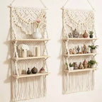 Étagère murale en macramé Bekrvio à 3 niveaux – Étagère flottante de style bohème avec perles en bois – Organisateur mural pour salon et chambre à coucher