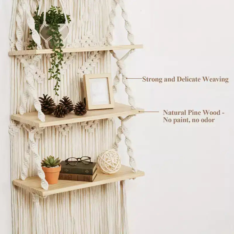 Étagère murale en macramé Bekrvio à 3 niveaux – Étagère flottante de style bohème avec perles en bois – Organisateur mural pour salon et chambre à coucher