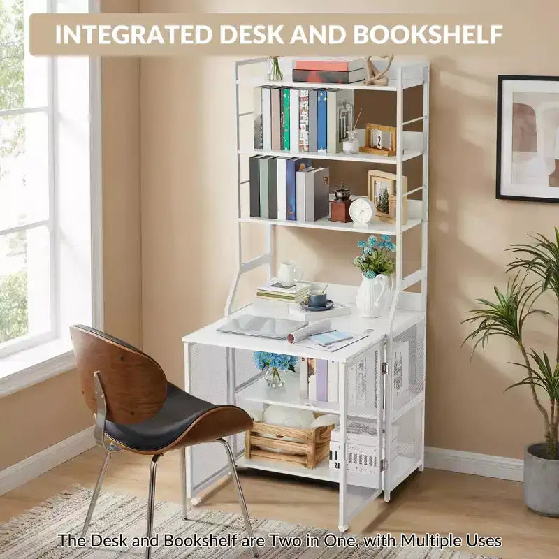 Bureau Bibliothèque 2-en-1 avec Étagères de Rangement, Bureau d'Étude Industriel en Métal et Panneaux de Particules avec Bibliothèque, Bureau Haut de 70 cm