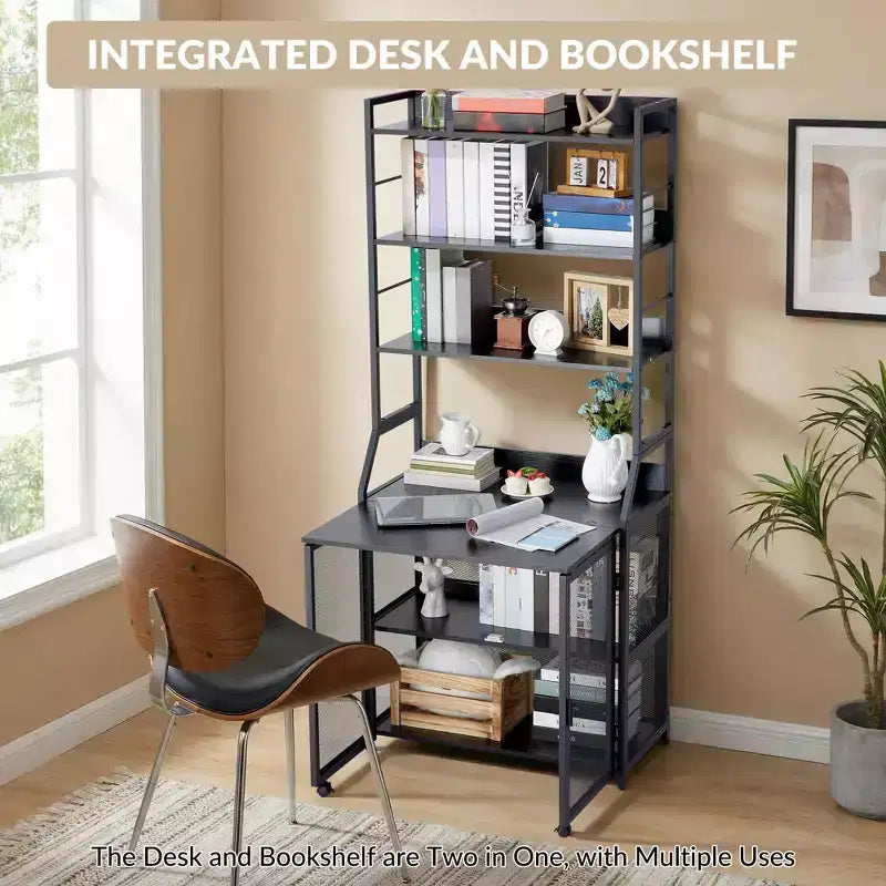 Bureau Bibliothèque 2-en-1 avec Étagères de Rangement, Bureau d'Étude Industriel en Métal et Panneaux de Particules avec Bibliothèque, Bureau Haut de 70 cm
