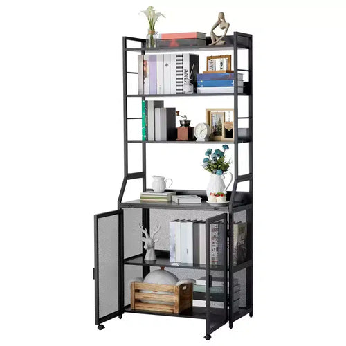 2-in-1 Bookshelf Desk with Storage Shelves, Industrial Metal & Particle Board Study Desk with Bookcase, 70 Tall Floor Standing Office Desk