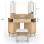 Coiffeuse d'angle, Coiffeuse moderne, Coiffeuse avec façades cannelées, Plateau en verre transparent, pour Salon