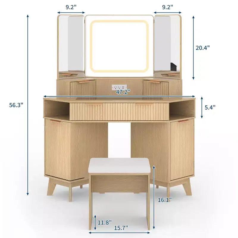 Coiffeuse d'angle, Coiffeuse moderne, Coiffeuse avec façades cannelées, Plateau en verre transparent, pour Salon