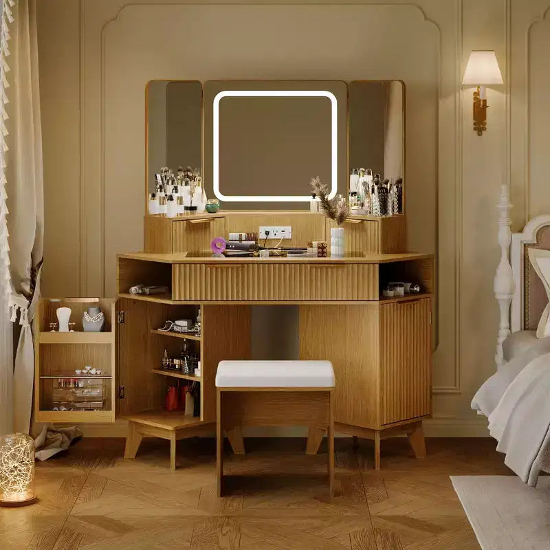 Corner Makeup Vanity Desk, Modern Vanity Desk, Fluted Makeup Vanity Desk, Clear Glass Top, for Living Room