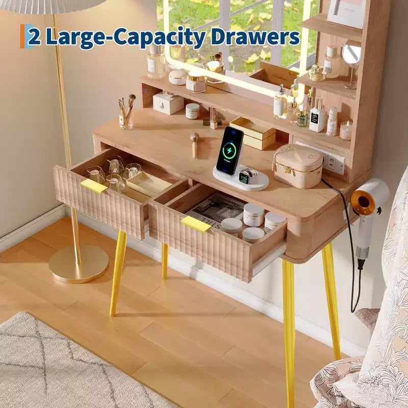 31 coiffeuse à cannelures, coiffeuse moderne du milieu du siècle avec miroir, 2 tiroirs, pour chambre à coucher