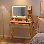 31 Small Fluted Makeup Vanity Desk, Mid Century Modern Vanity Table with Mirror, 2 Drawers, for Bedroom