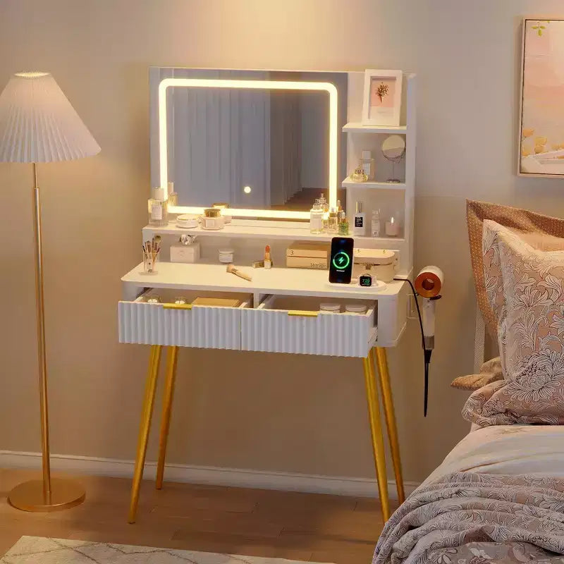 31 coiffeuse à cannelures, coiffeuse moderne du milieu du siècle avec miroir, 2 tiroirs, pour chambre à coucher