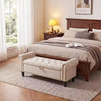 Banc ottoman de rangement de 51 po, banc capitonné de bout de lit avec bras roulés, banc de fenêtre en lin, banc d'entrée avec charnière de sécurité pour chambre à coucher, beige