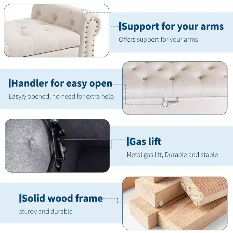 Banc ottoman de rangement de 51 po, banc capitonné de bout de lit avec bras roulés, banc de fenêtre en lin, banc d'entrée avec charnière de sécurité pour chambre à coucher, beige