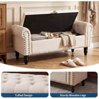 Banc ottoman de rangement de 51 po, banc capitonné de bout de lit avec bras roulés, banc de fenêtre en lin, banc d'entrée avec charnière de sécurité pour chambre à coucher, beige