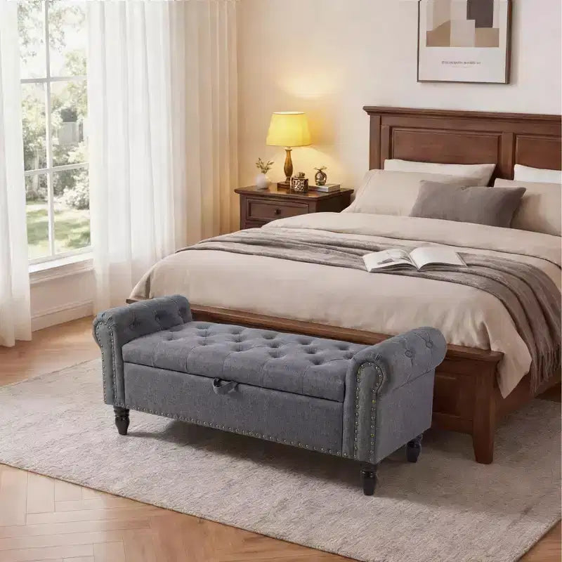 Banc ottoman de rangement de 51 po, banc capitonné de bout de lit avec bras roulés, banc de fenêtre en lin, banc d'entrée avec charnière de sécurité pour chambre à coucher, beige