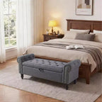 Banc ottoman de rangement de 51 po, banc capitonné de bout de lit avec bras roulés, banc de fenêtre en lin, banc d'entrée avec charnière de sécurité pour chambre à coucher, beige