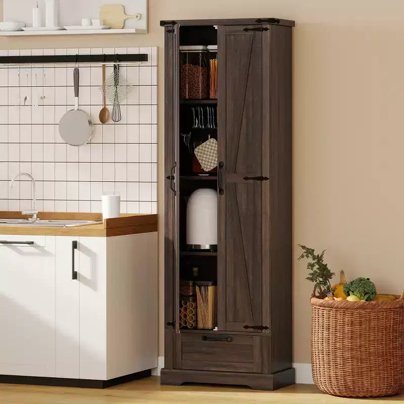 HOMCOM Armoire de cuisine autoportante de 180 cm avec portes de grange, tiroir et étagères réglables pour salle à manger, marron