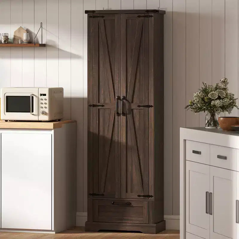 HOMCOM Armoire de cuisine autoportante de 180 cm avec portes de grange, tiroir et étagères réglables pour salle à manger, marron