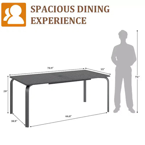 Table à manger moderne de 71 po pour terrasse extérieure avec trou pour parasol, en aluminium de qualité marine, résistante aux intempéries et à la rouille, pour restaurants, arrière-cours, bords de piscine