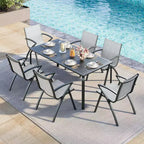 Table à manger moderne de 71 po pour terrasse extérieure avec trou pour parasol, en aluminium de qualité marine, résistante aux intempéries et à la rouille, pour restaurants, arrière-cours, bords de piscine