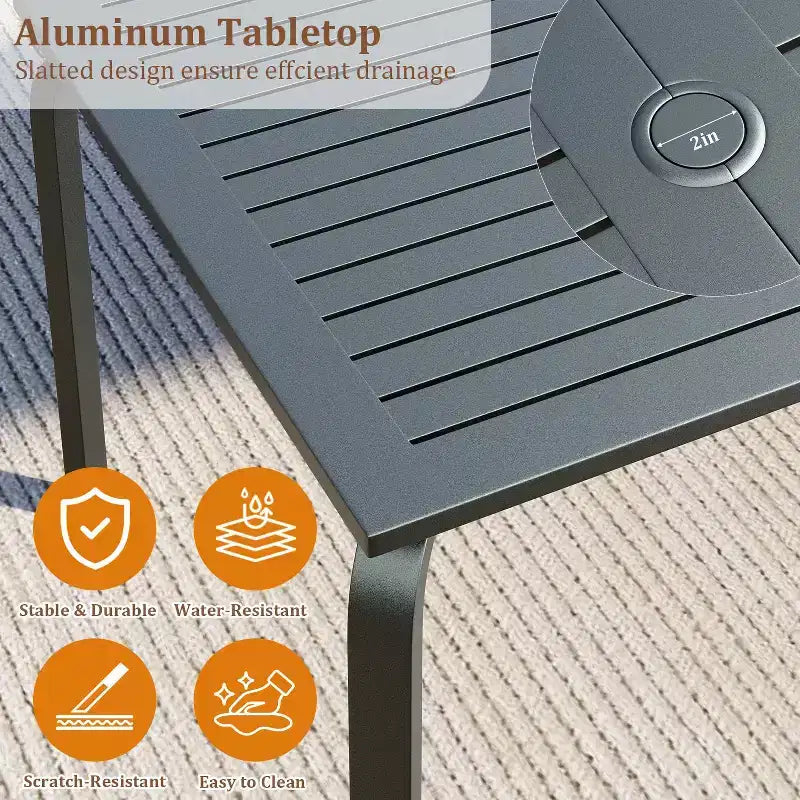 Table à manger moderne de 71 po pour terrasse extérieure avec trou pour parasol, en aluminium de qualité marine, résistante aux intempéries et à la rouille, pour restaurants, arrière-cours, bords de piscine