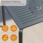 Table à manger moderne de 71 po pour terrasse extérieure avec trou pour parasol, en aluminium de qualité marine, résistante aux intempéries et à la rouille, pour restaurants, arrière-cours, bords de piscine