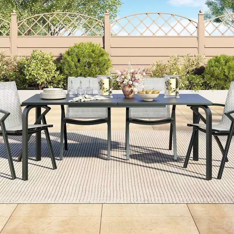 Table à manger moderne de 71 po pour terrasse extérieure avec trou pour parasol, en aluminium de qualité marine, résistante aux intempéries et à la rouille, pour restaurants, arrière-cours, bords de piscine