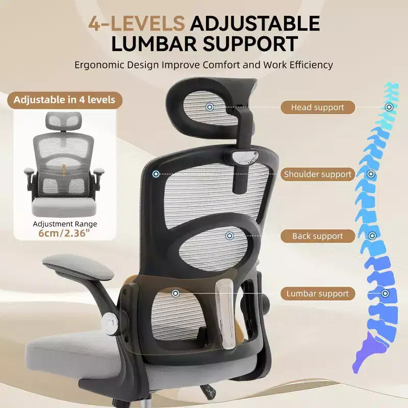 Chaise de Bureau Ergonomique à Dossier Haut en Maille, Appui-tête et Soutien Lombaire Réglables, Roulettes Pivotantes à 360°, pour la Maison, le Bureau