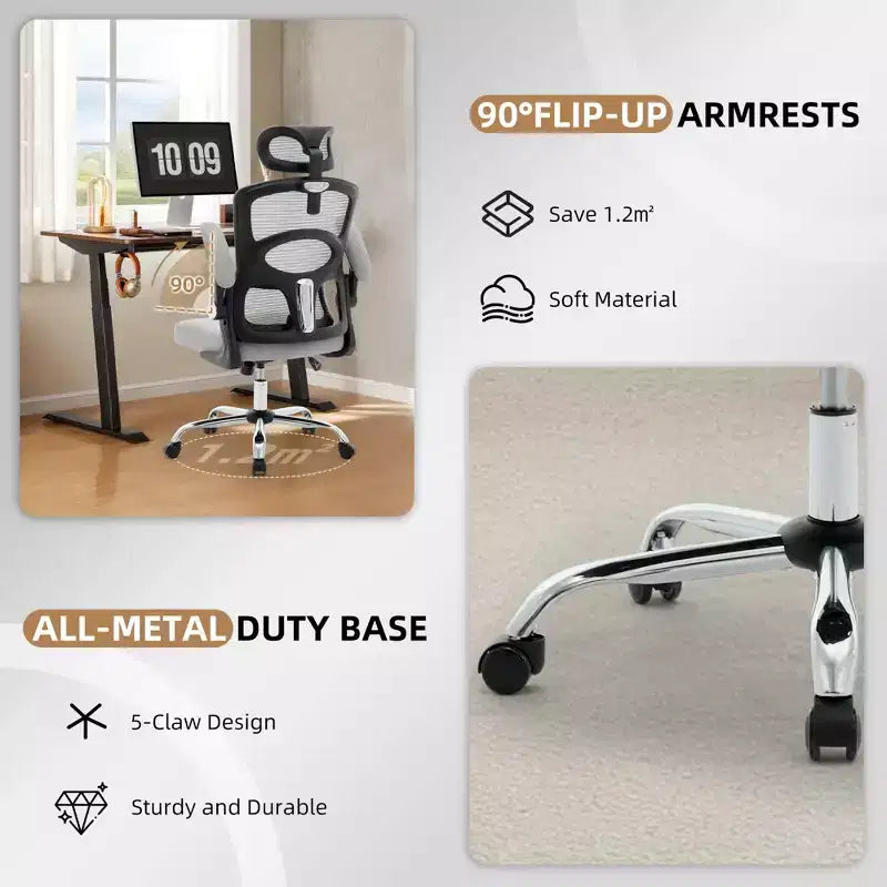 Chaise de Bureau Ergonomique à Dossier Haut en Maille, Appui-tête et Soutien Lombaire Réglables, Roulettes Pivotantes à 360°, pour la Maison, le Bureau