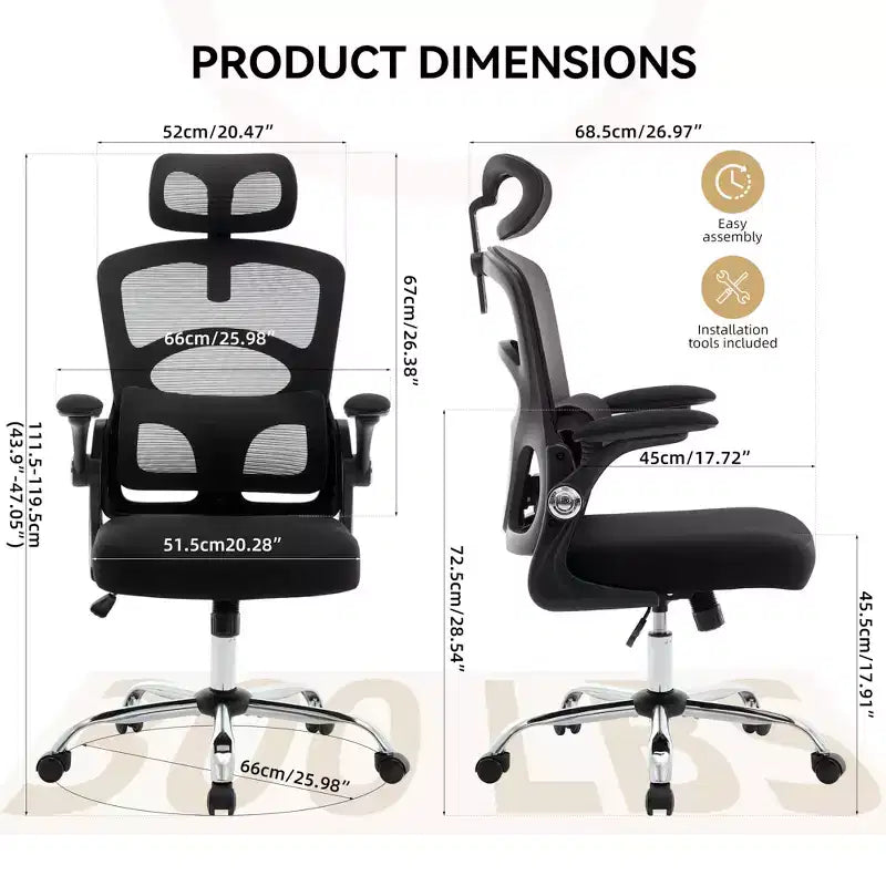 Chaise de Bureau Ergonomique à Dossier Haut en Maille, Appui-tête et Soutien Lombaire Réglables, Roulettes Pivotantes à 360°, pour la Maison, le Bureau