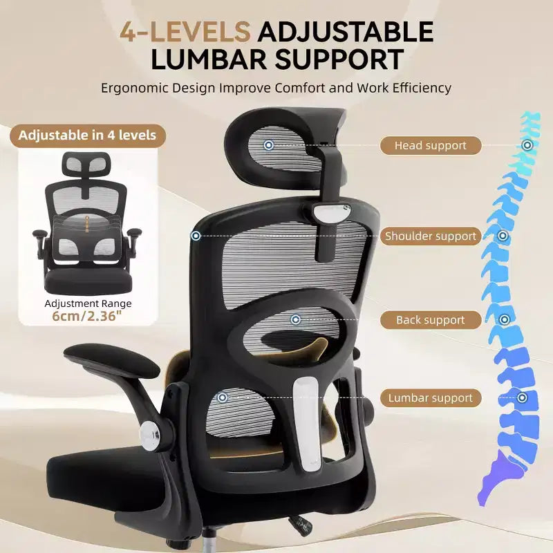 Chaise de Bureau Ergonomique à Dossier Haut en Maille, Appui-tête et Soutien Lombaire Réglables, Roulettes Pivotantes à 360°, pour la Maison, le Bureau