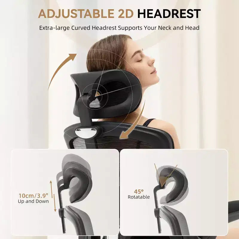 Chaise de Bureau Ergonomique à Dossier Haut en Maille, Appui-tête et Soutien Lombaire Réglables, Roulettes Pivotantes à 360°, pour la Maison, le Bureau