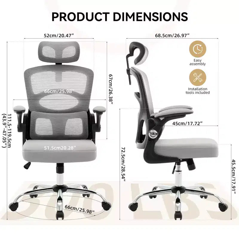 Chaise de Bureau Ergonomique à Dossier Haut en Maille, Appui-tête et Soutien Lombaire Réglables, Roulettes Pivotantes à 360°, pour la Maison, le Bureau
