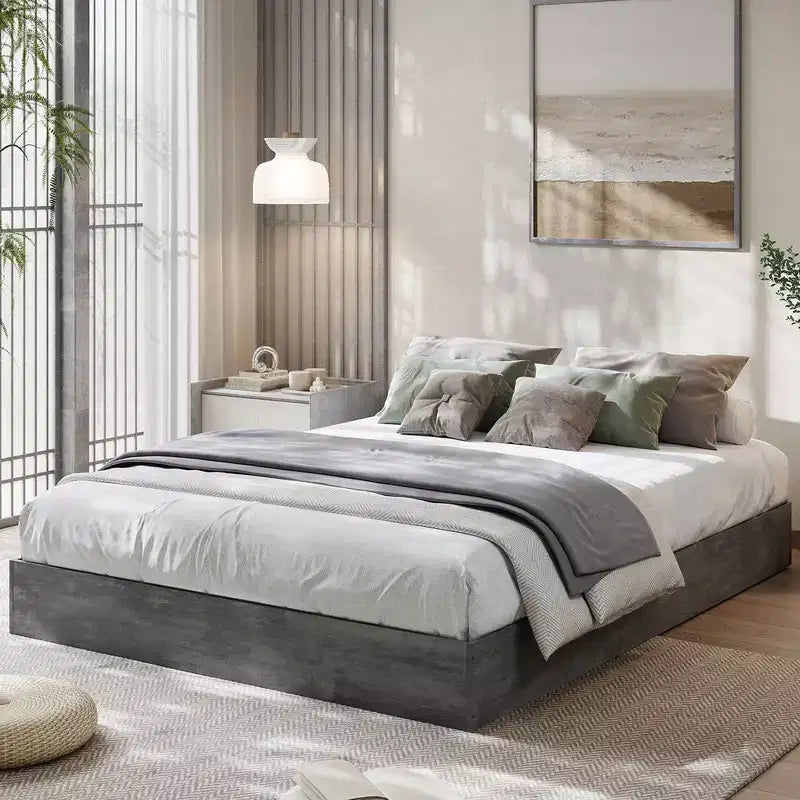 Queen Size Platform Bed Frame, Wooden Bed Frame with Wood Slat Support, No Box Spring Needed, No Headboard, Easy Assembly, Gray